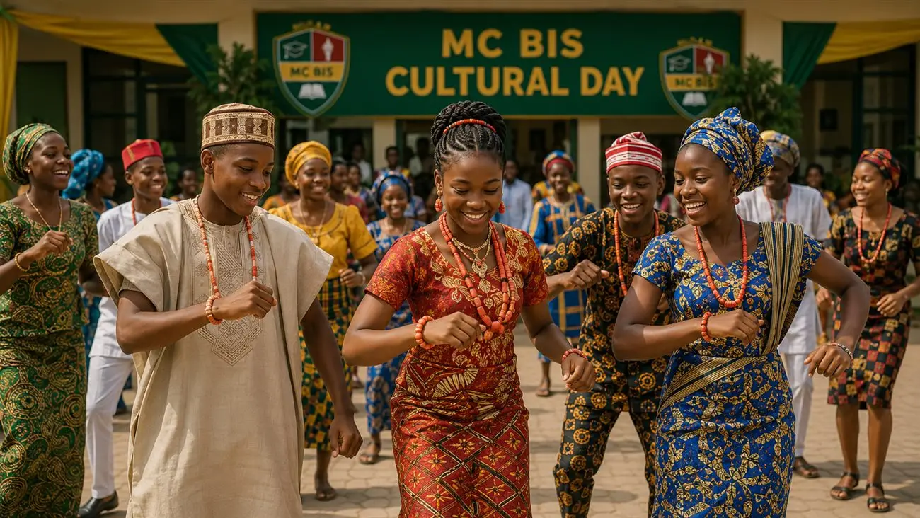 Pupils in cultural attire celebrating together